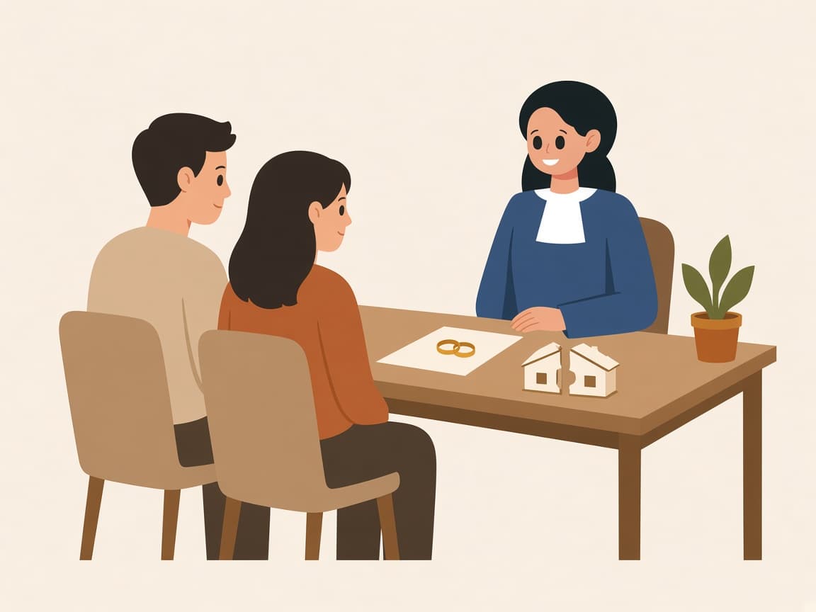 Bir çift avukatın masasında oturuyor; masada alyanslar ve ikiye ayrılmış ev maketi